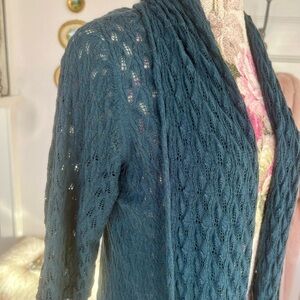 Peruvian Connection Pima Cotton Elegant Long Cardigan Teal Sweater L Lacey Soft